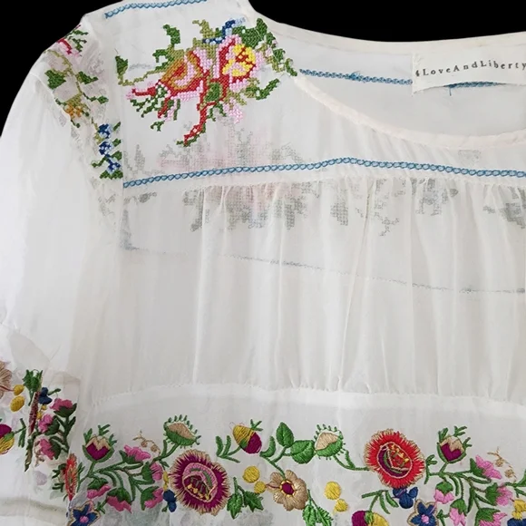 Johnny Was x 4 Love And Liberty White Silk Floral Embroidered Blouse Ruffles - Picture 7 of 15